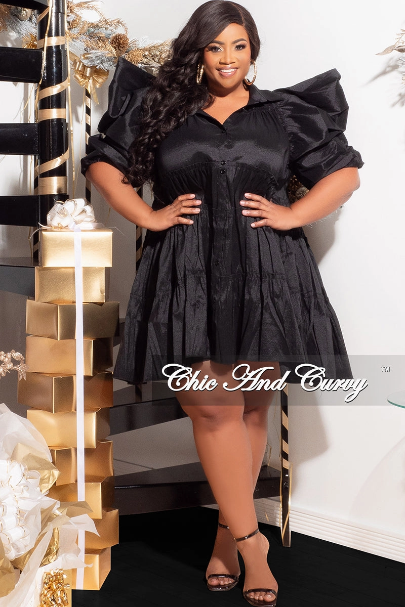 Cozy Lining Final Sale Plus Size Puffy Sleeve 3-Tiered Button Up Collar Baby Doll Dress in Black