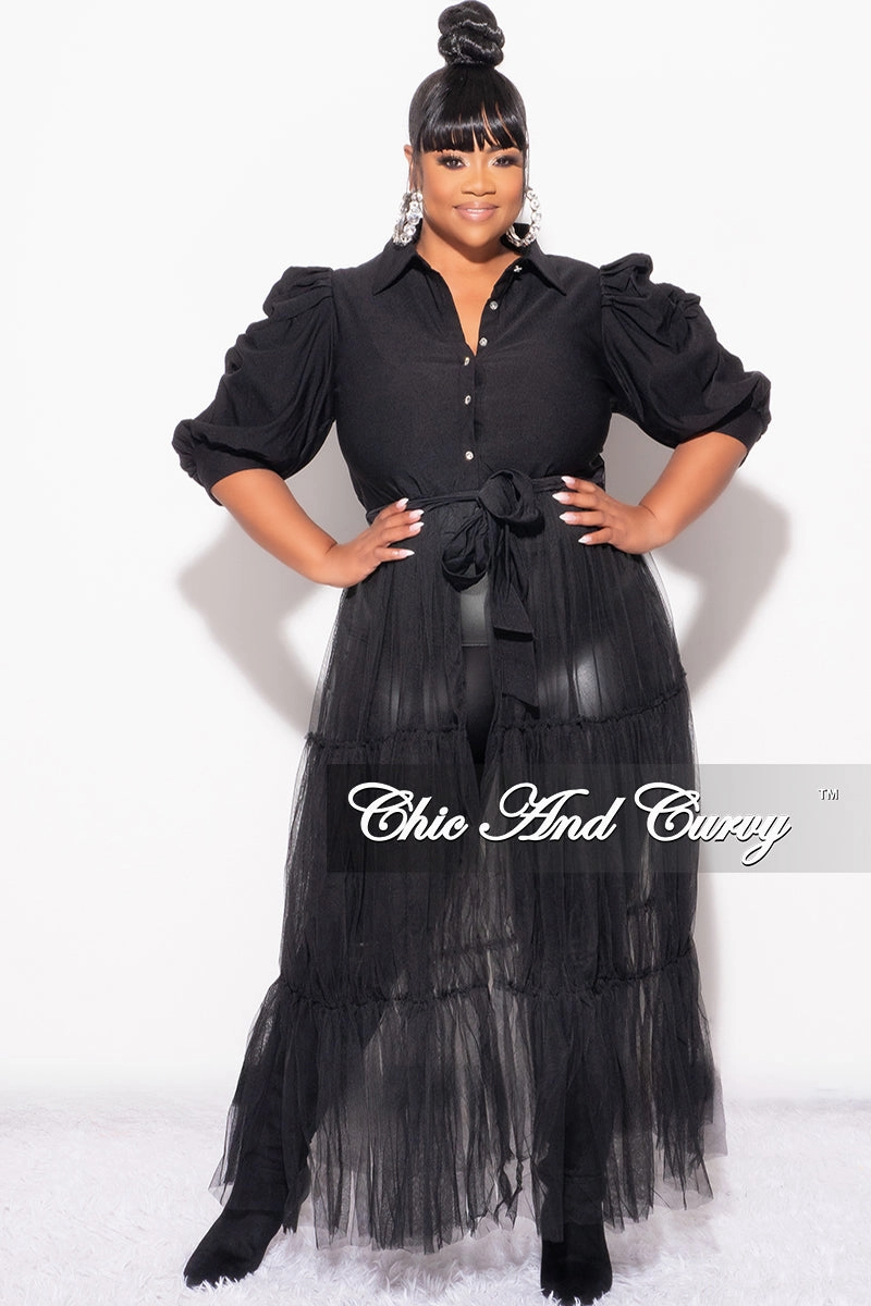 Final Sale Plus Size Puffy Sleeve Button Up Top with Mesh Train in Black Weather Flex Trendy Design