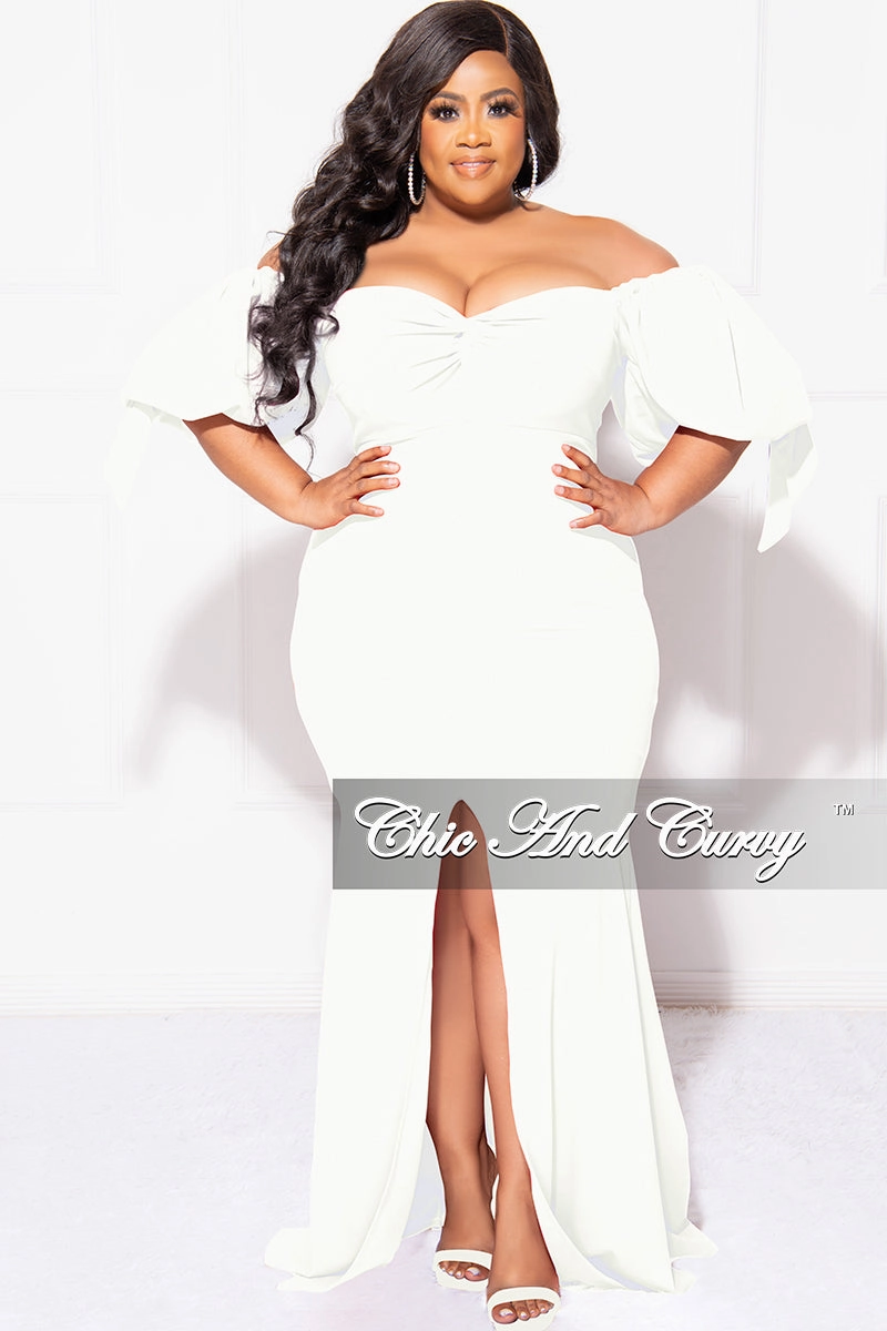 Final Sale Plus Size Puffy Sleeve Gown with Front Slit in Ivory StretchFit