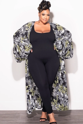 Lightweight Feel Final Sale Plus Size Puffy Sleeve Kaftan in Black White and Green Tropical Print