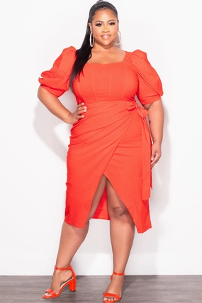 Final Sale Plus Size Puffy Sleeve Wrap Dress in Red Tomato Sporty Comfort