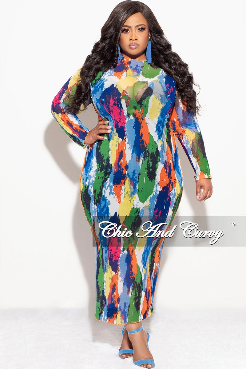 Flexible Layer Comfort for All Final Sale Plus Size Reversible BodyCon Dress In Mesh with Multi-Color Paint Print