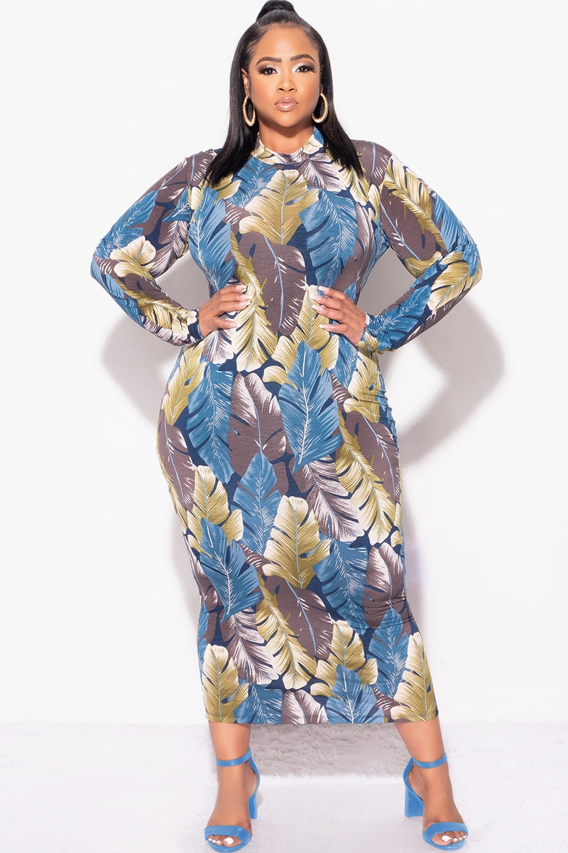 Final Sale Plus Size Reversible BodyCon Midi Dress in Leaf Print TearResistantMaterial Body Aligned