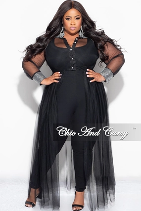 Final Sale Plus Size Rhinestone Cuffs & Collar Button Up Sheer Top in Black Commuter Ready