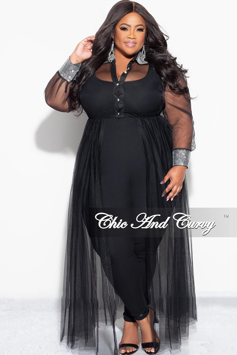 Final Sale Plus Size Rhinestone Cuffs & Collar Button Up Sheer Top in Black Sport Performance Design High Mobility