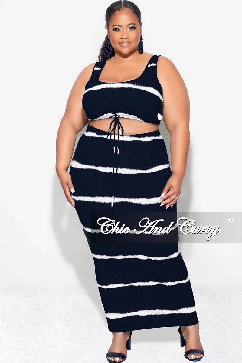 Lightweight Wear Final Sale Plus Size Ribbed 2pc Crop Drawstring Top and Pencil Skirt in Black and White