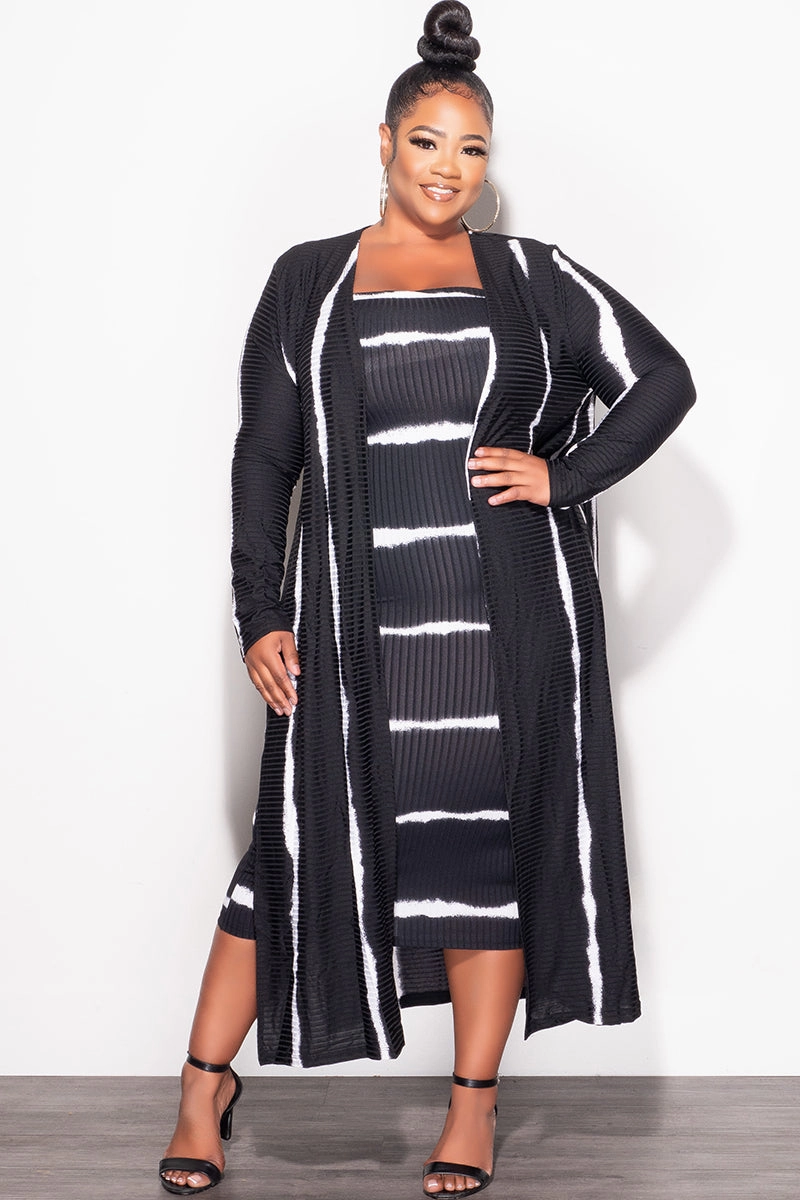 Final Sale Plus Size Ribbed 2pc Set Tube Dress With Duster in Black and Ivory Tie Dye Print Comfy Waistband Odor Control Treatment