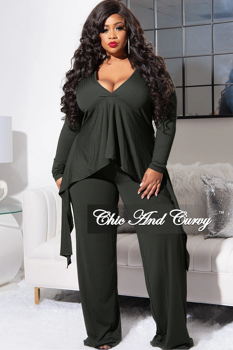 Final Sale Plus Size Ribbed 2pc Set with Peplum Front and Crop Back Top & Pants in Olive Water Repellent Flexible Wear