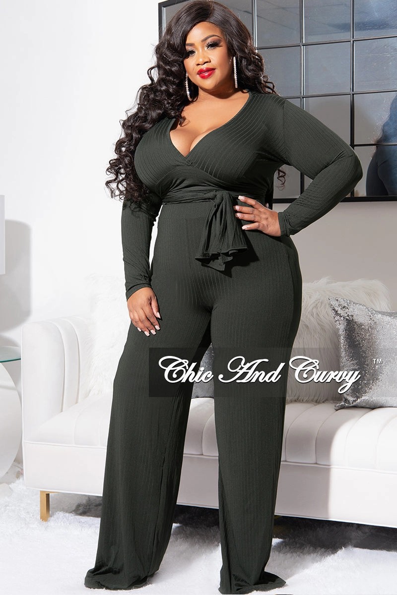 Seamless Comfort Final Sale Plus Size Ribbed 2pc Set with Peplum Front and Crop Back Top & Pants in Olive