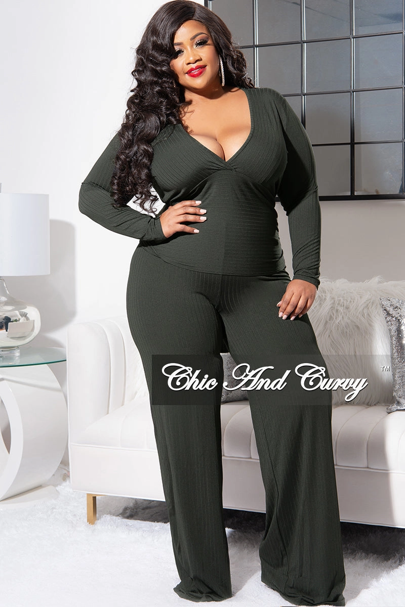 Final Sale Plus Size Ribbed 2pc Set with Peplum Front and Crop Back Top & Pants in Olive Active Utility