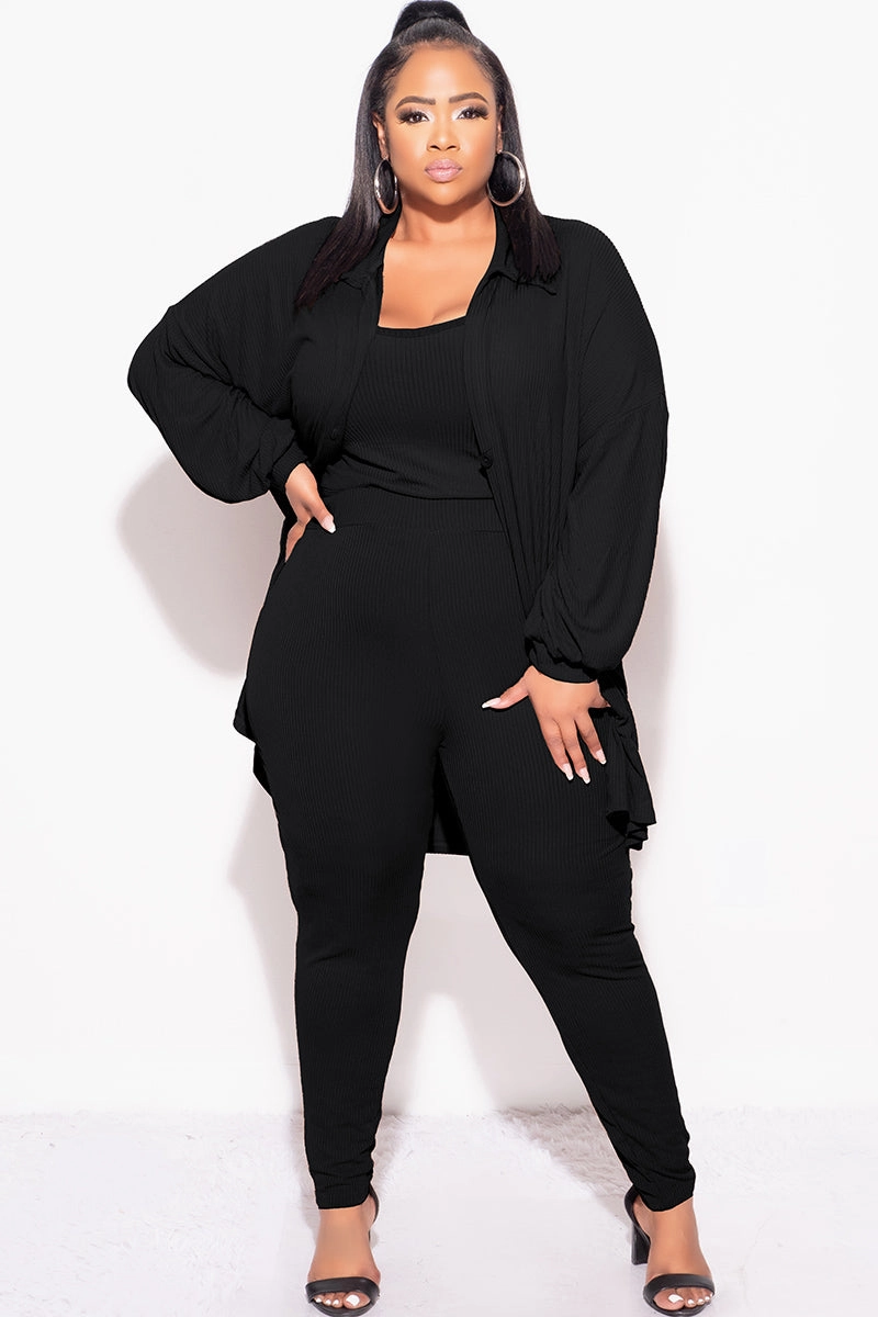 Comfy Style Final Sale Plus Size Ribbed 3pc Set Cardigan, Tank Crop Top, & Pants in Black