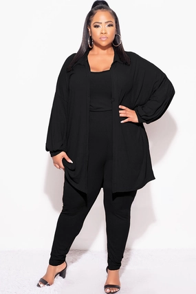 Soft Fabric Recycled fibers Final Sale Plus Size Ribbed 3pc Set Cardigan, Tank Crop Top, & Pants in Black