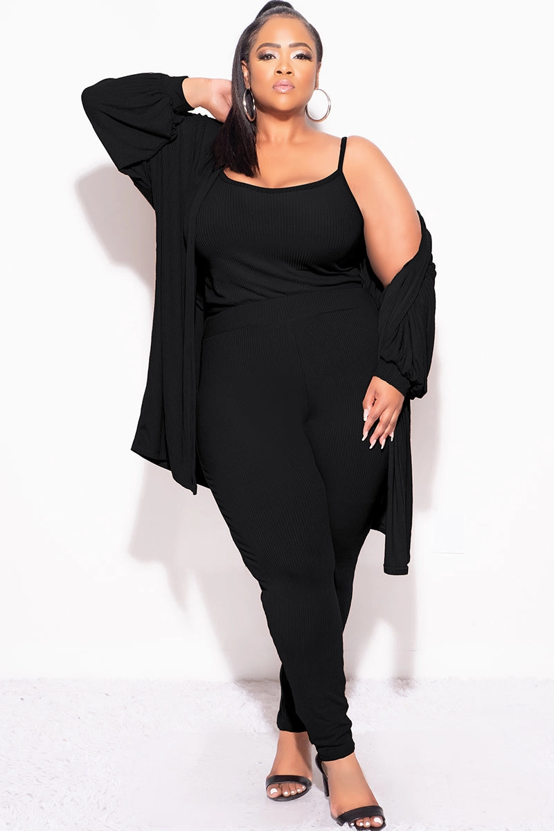 Final Sale Plus Size Ribbed 3pc Set Cardigan, Tank Crop Top, & Pants in Black FlexibleMobilityDesign