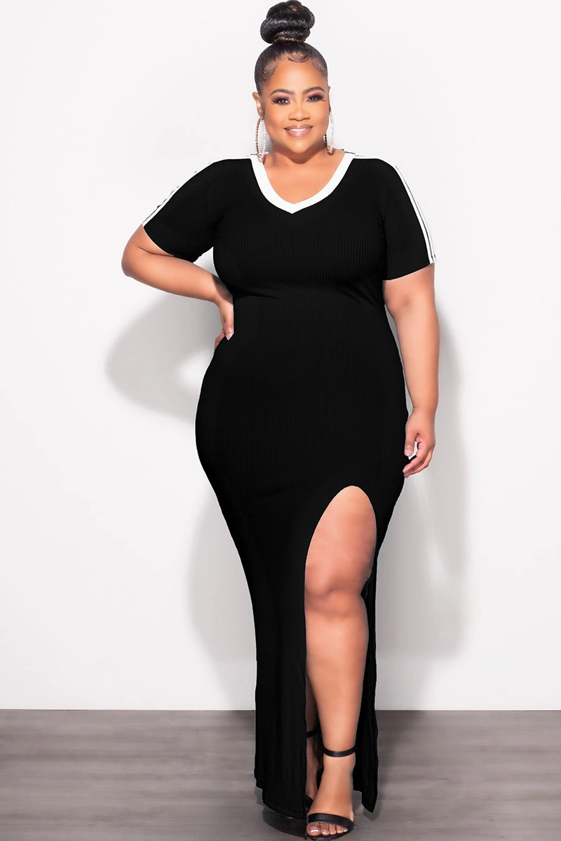 Final Sale Plus Size Ribbed BodyCon Colorblock with Front Slit Black Stretchable Comfort