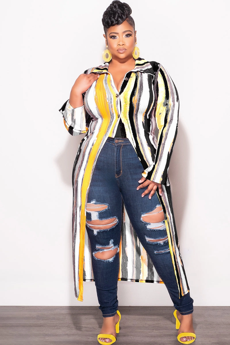 Final Sale Plus Size Ribbed Collar Button Up High-Low Top in Mustard Black and White Fit Flex Blackout fabric