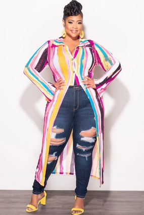 Final Sale Plus Size Ribbed Collar Button Up High-Low Top in Mustard Multi Color Print Multi-Purpose Wear Basic Utility