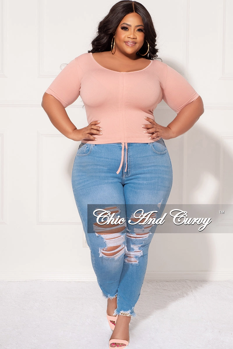 Final Sale Plus Size Ribbed Drawstring Top  in Mauve Recycled fibers