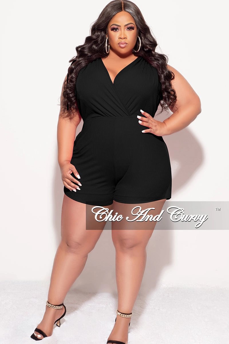 Final Sale Plus Size Ribbed Faux Wrap Romper in Black Roomy Fit