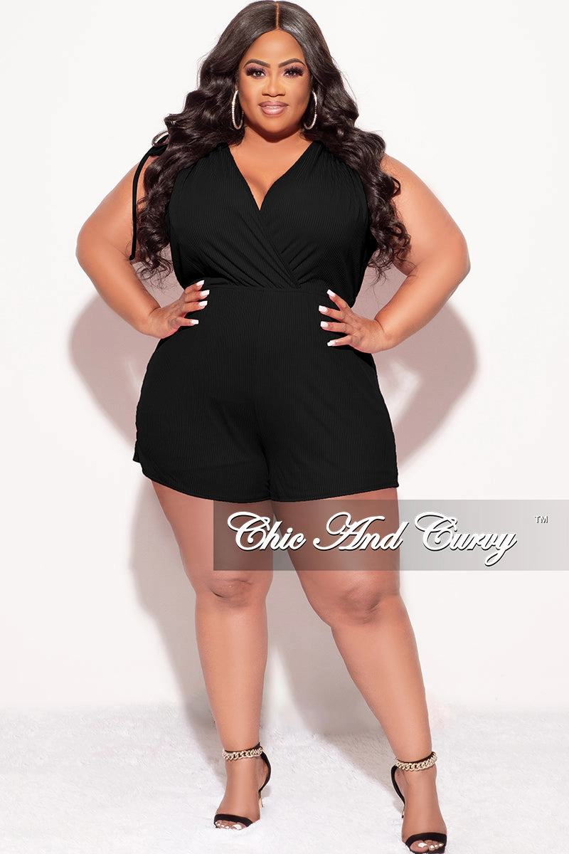 Final Sale Plus Size Ribbed Faux Wrap Romper in Black Workout-ready