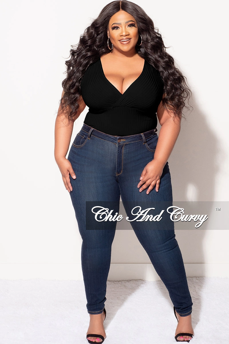 Low Bulk Design Final Sale Plus Size Ribbed Faux Wrap Sleeveless Bodysuit in Black