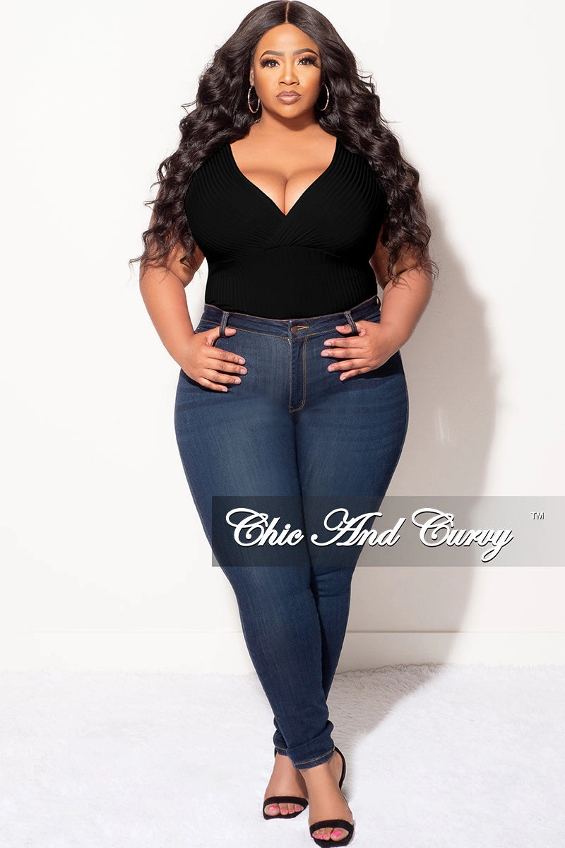 Final Sale Plus Size Ribbed Faux Wrap Sleeveless Bodysuit in Black Moisture Lock Technology LightweightInsulation