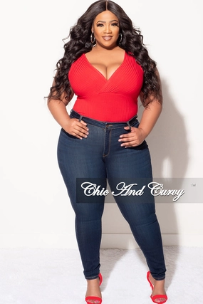 Final Sale Plus Size Ribbed Faux Wrap Sleeveless Bodysuit in Red Mesh Lined Minimalist Design