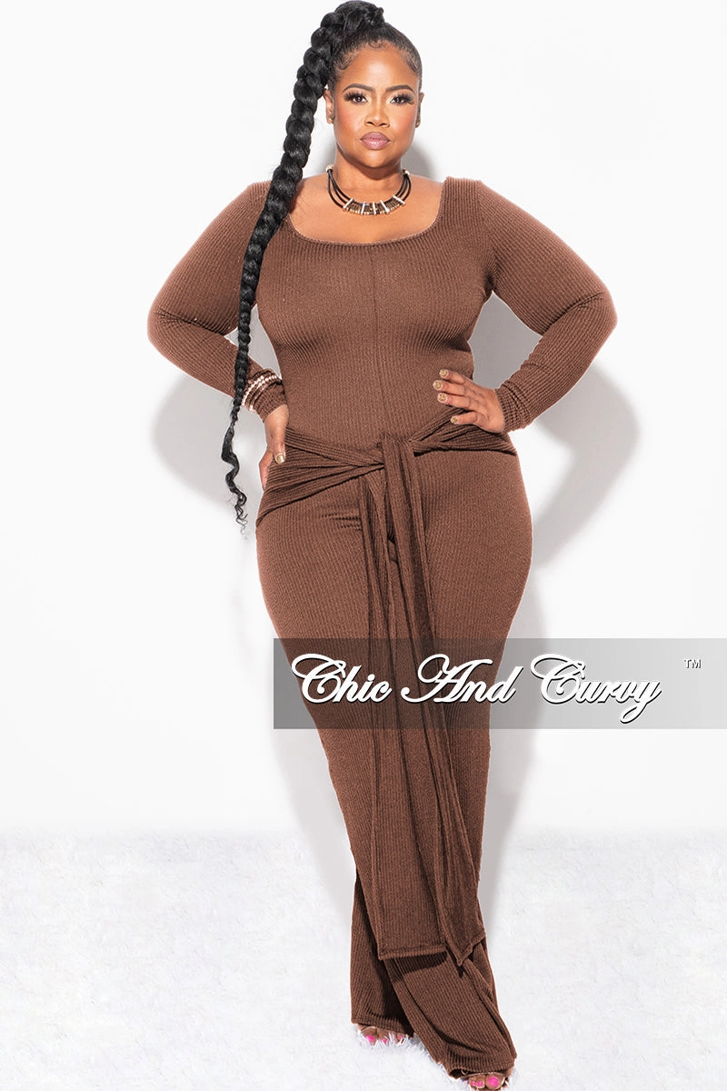 HeatRegulatingLining Durable Twill Final Sale Plus Size Ribbed Jumpsuit with Attached Tie in Brown
