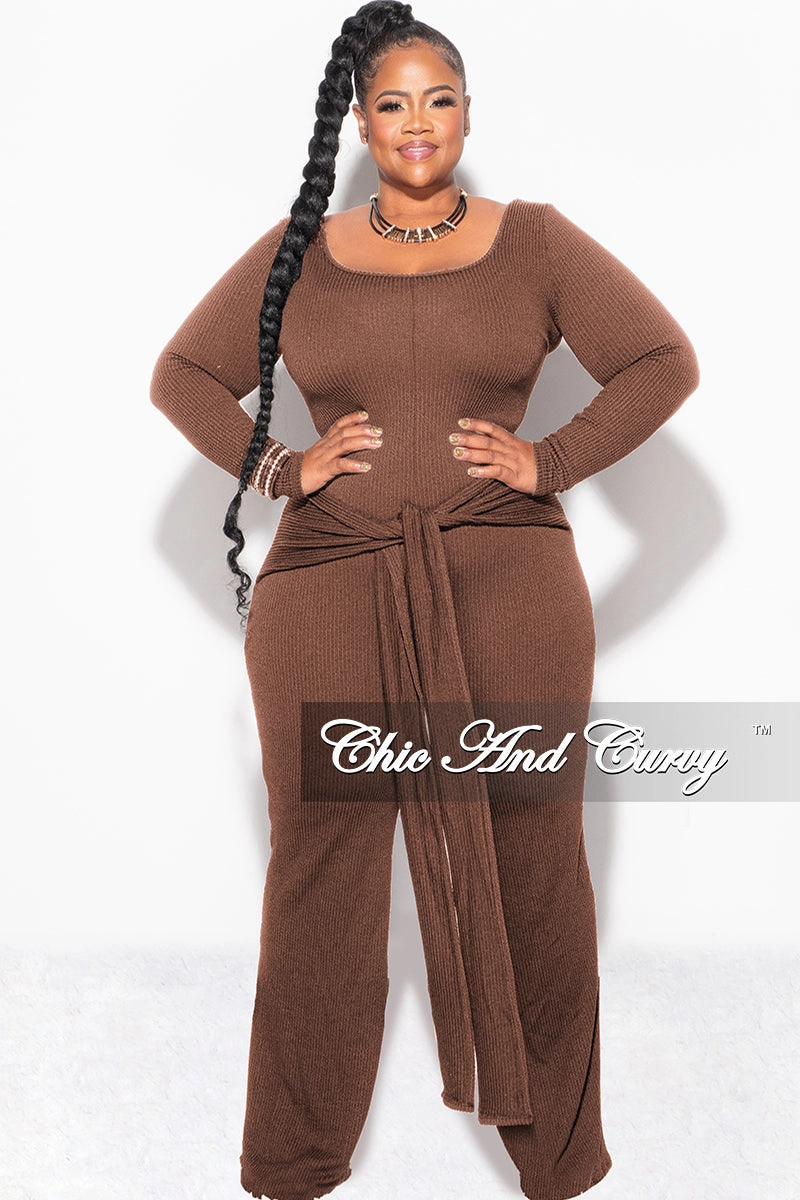 Final Sale Plus Size Ribbed Jumpsuit with Attached Tie in Brown Light Wear Fit Quick Slip