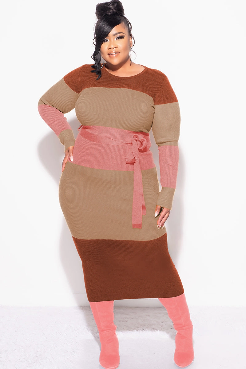 Final Sale Plus Size Ribbed Midi Sweater Dress in Brown, Tan & Mauve Rugged Fit Breathable Comfort