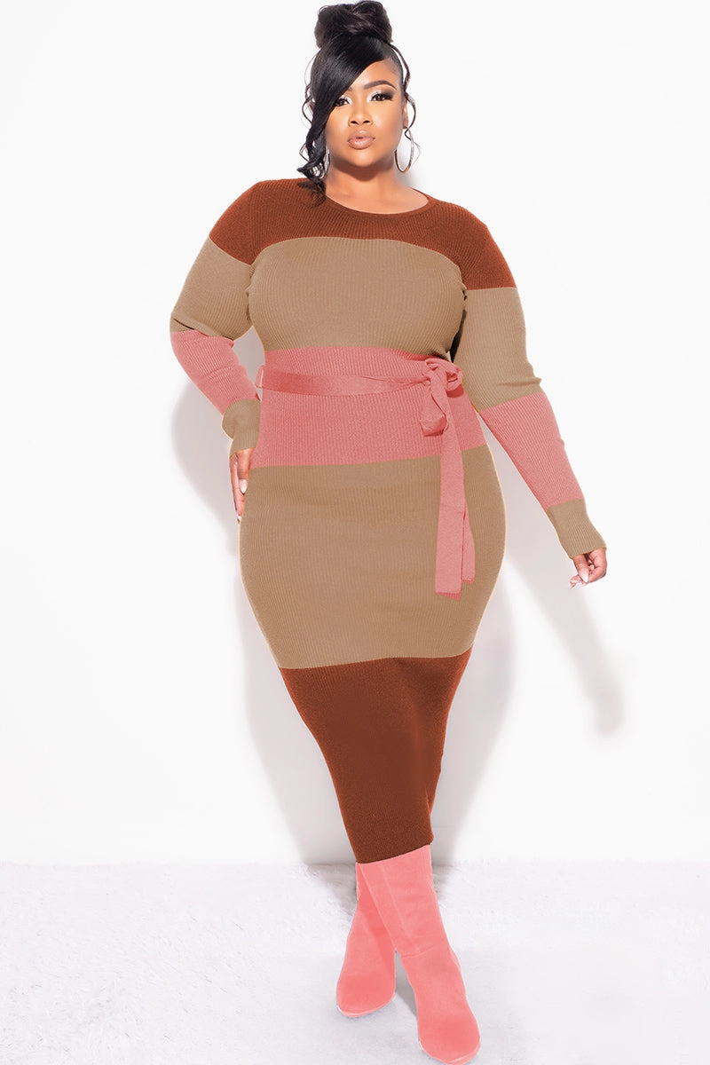 Versatile Fit Final Sale Plus Size Ribbed Midi Sweater Dress in Brown, Tan & Mauve