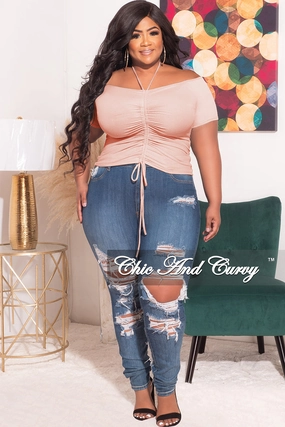 Final Sale Plus Size Ribbed Ruched Drawstring Crop Top in Soft Pink Seamless construction