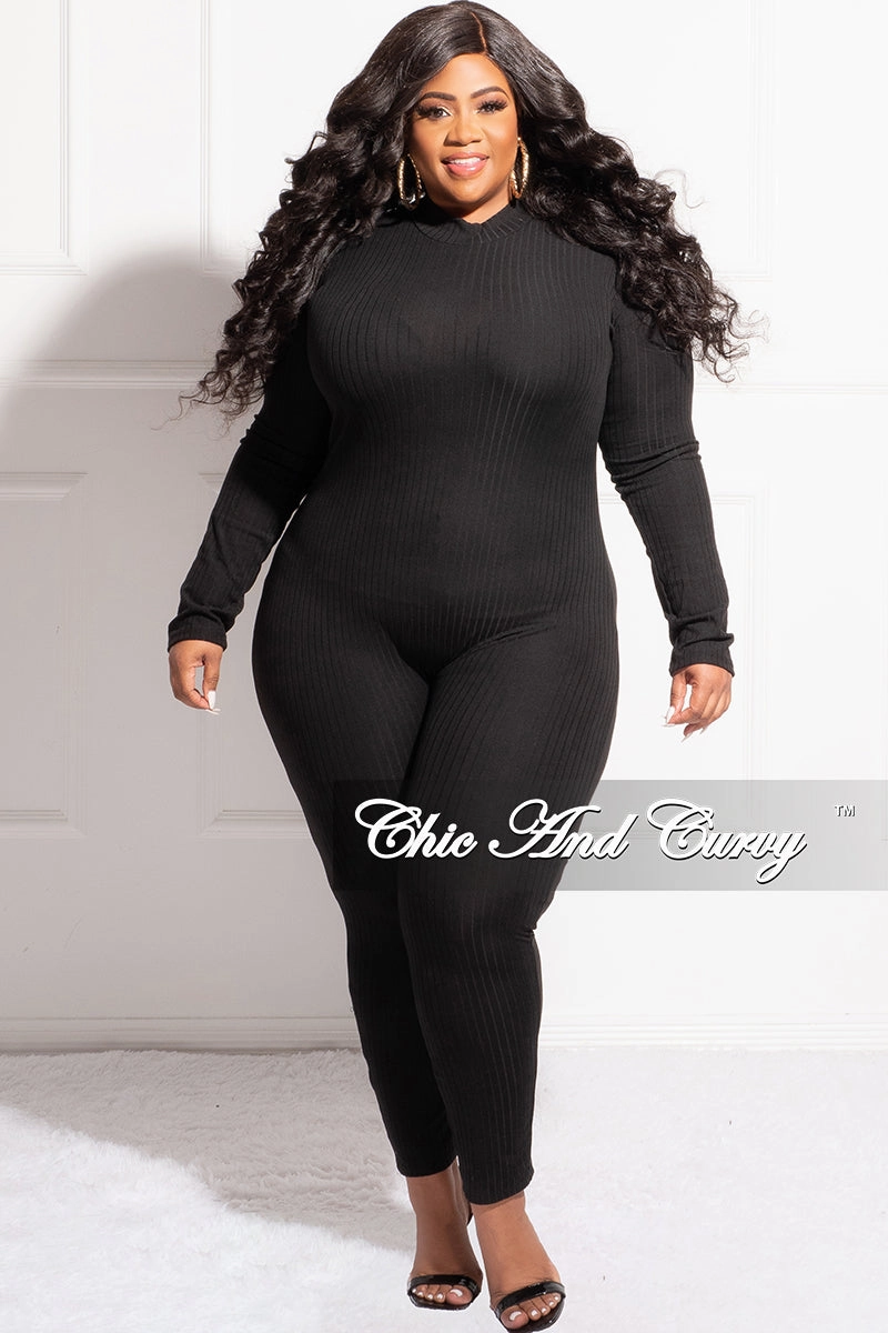 Breathable Base Flexible Comfort Wear Final Sale Plus Size Ribbed Sheer Stripe Jumpsuit in Black