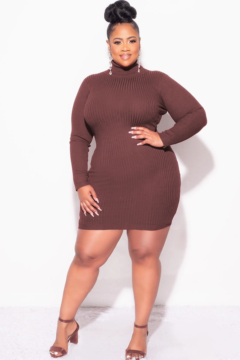 Final Sale Plus Size Ribbed Turtle Neck Dress in Brown Moisture Management Natural Movement