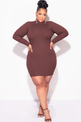 Minimal Edge Casual Layer Final Sale Plus Size Ribbed Turtle Neck Dress in Brown