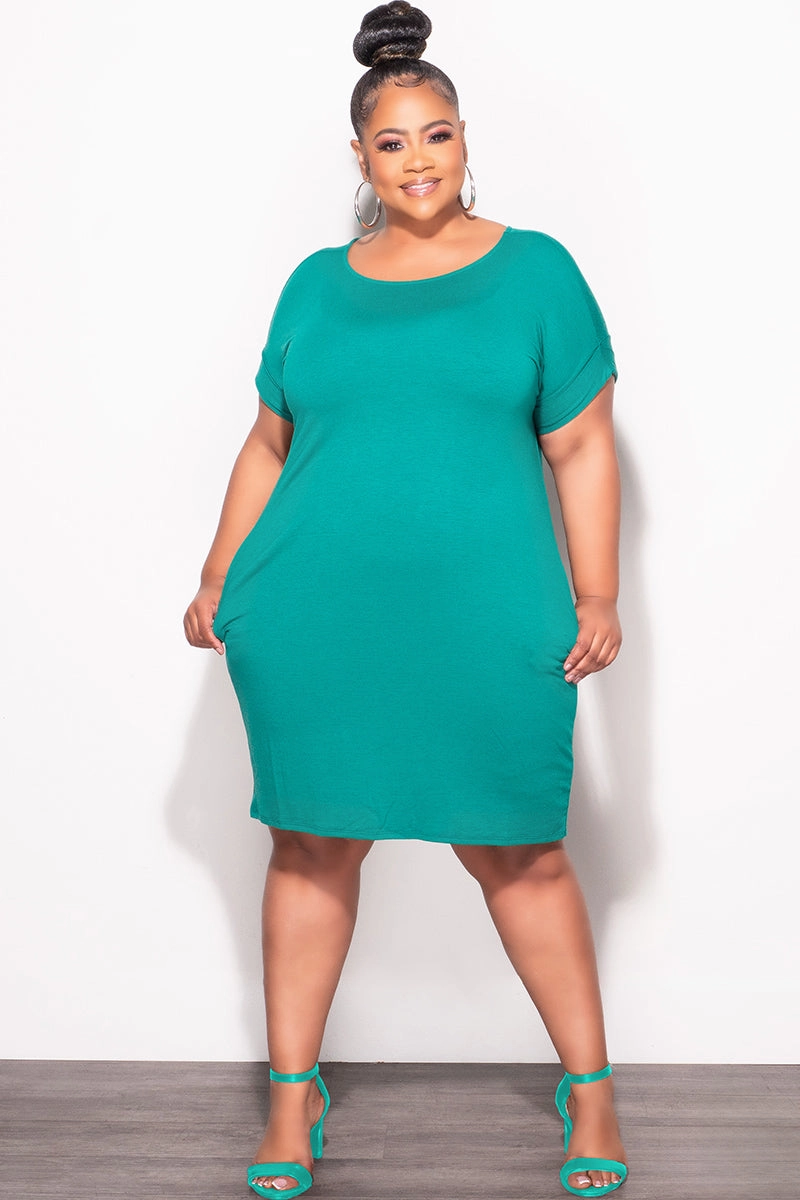 Relaxed Comfort Wear Anti Snag Threading Final Sale Plus Size Rolled Sleeve Dress in Green