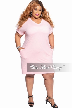 Tear Resistant Multi Panel Construction Final Sale Plus Size Rolled Sleeve V-Neck Dress in Dusty Pink