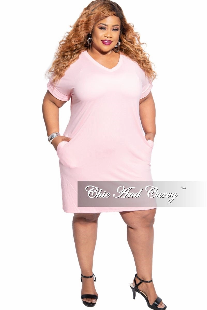 Tear Resistant Multi Panel Construction Final Sale Plus Size Rolled Sleeve V-Neck Dress in Dusty Pink