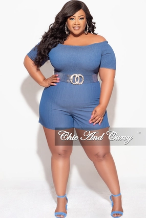 ReflectiveAccentDetails Final Sale Plus Size Romper in Chambray Blue