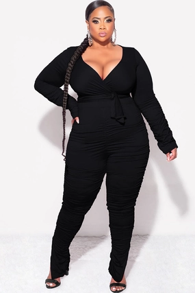 Final Sale Plus Size Ruched 2pc Faux Wrap Tie Top and Pants in Black tailored look NonChafingLegs