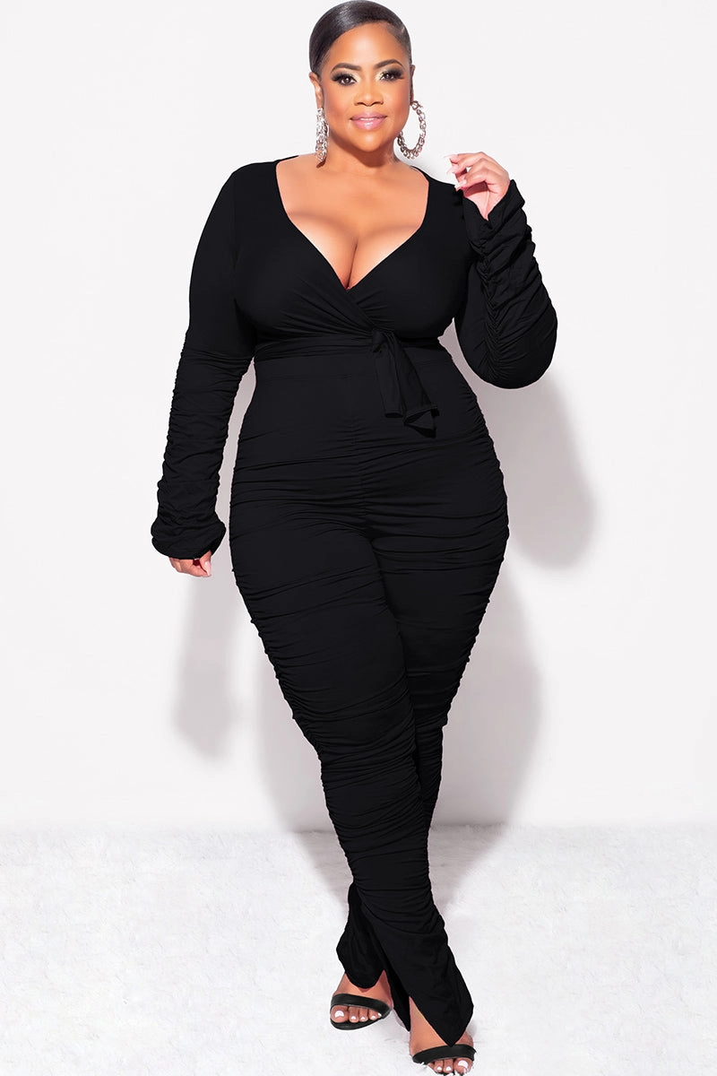 Final Sale Plus Size Ruched 2pc Faux Wrap Tie Top and Pants in Black No Ride Up