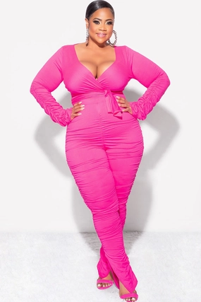 Utility Ready Final Sale Plus Size Ruched 2pc Faux Wrap Tie Top and Pants in Fuchsia Pink