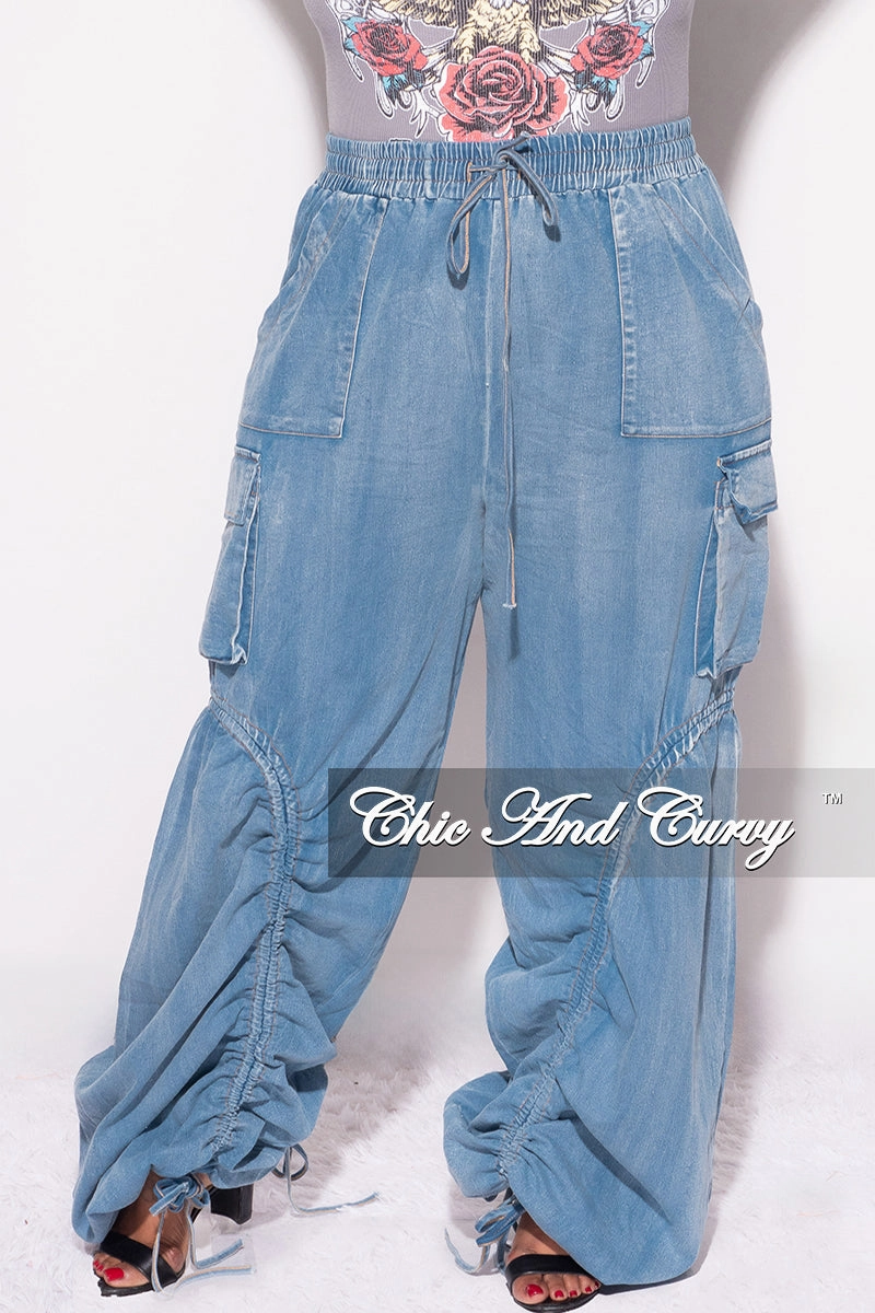 Final Sale Plus Size Ruched Cargo Pants in Denim AntiStaticTreatment