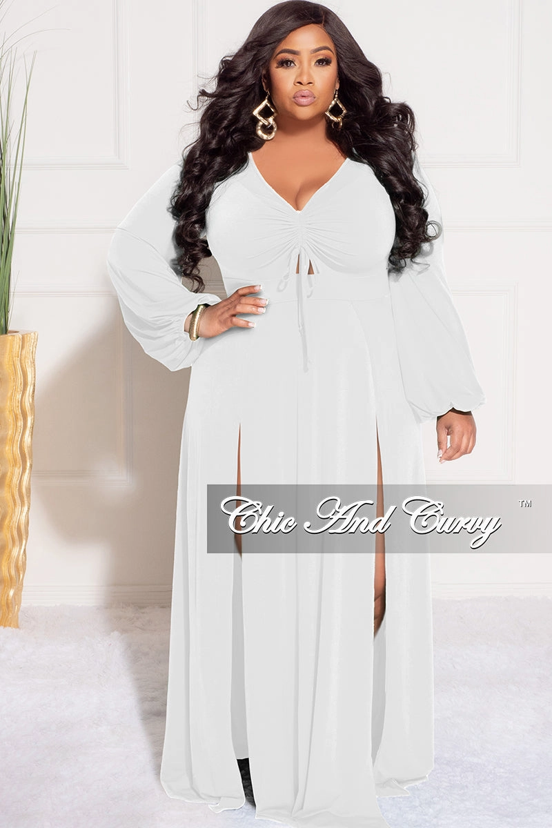 Final Sale Plus Size Ruched Maxi Dress with Double Slits in Ivory White Stretch Fit