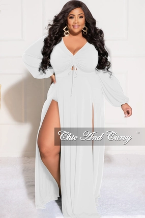 Final Sale Plus Size Ruched Maxi Dress with Double Slits in Ivory White Sporty Comfort Fit Everyday Comfort