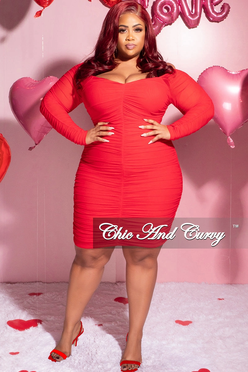 RecycledPolyester Lightweight Design Final Sale Plus Size Ruched Off The Shoulder Mini Dress in Red
