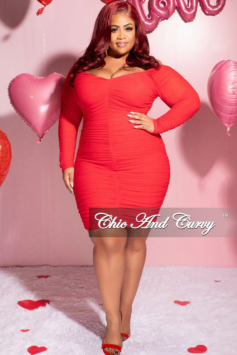 DoubleStitchedSeams LowImpact Manufacturing Final Sale Plus Size Ruched Off The Shoulder Mini Dress in Red