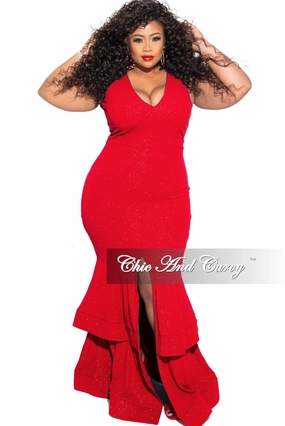 WaterResistant Final Sale Plus Size Ruffle Bottom Glitter Maxi Dress in Red