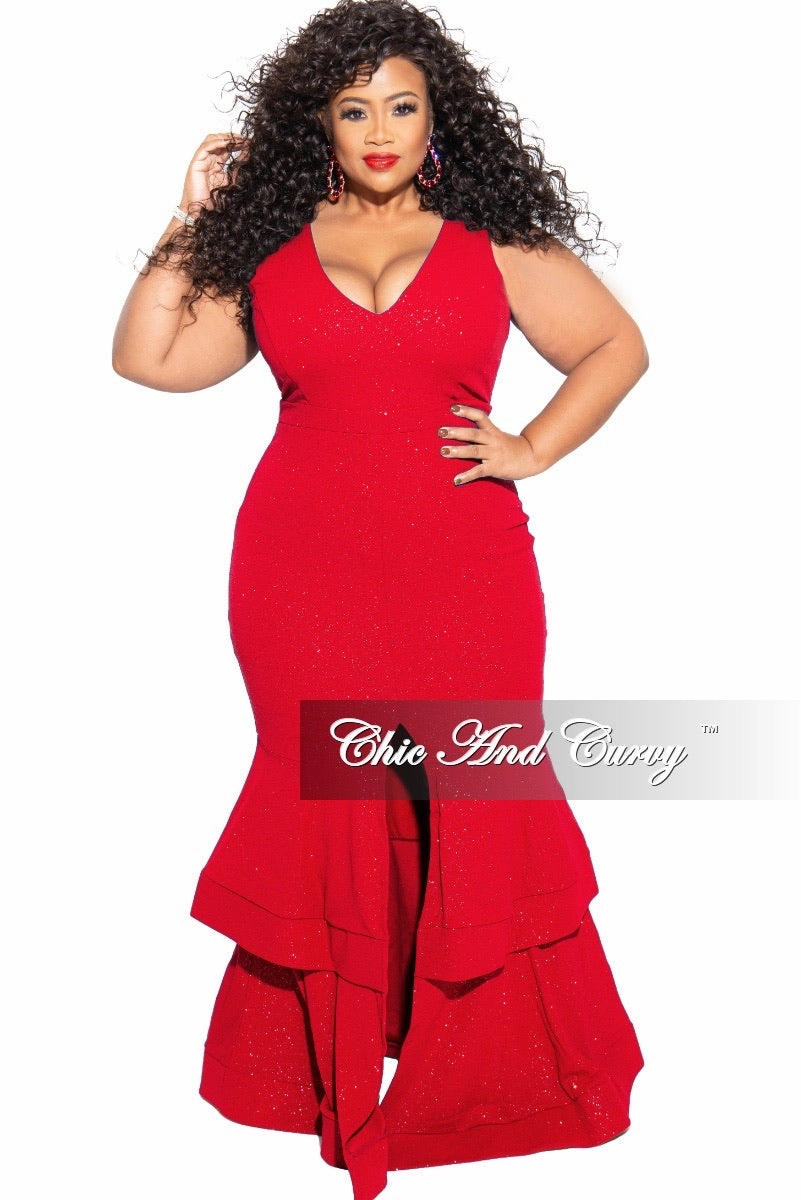 Final Sale Plus Size Ruffle Bottom Glitter Maxi Dress in Red Low Profile Stitching