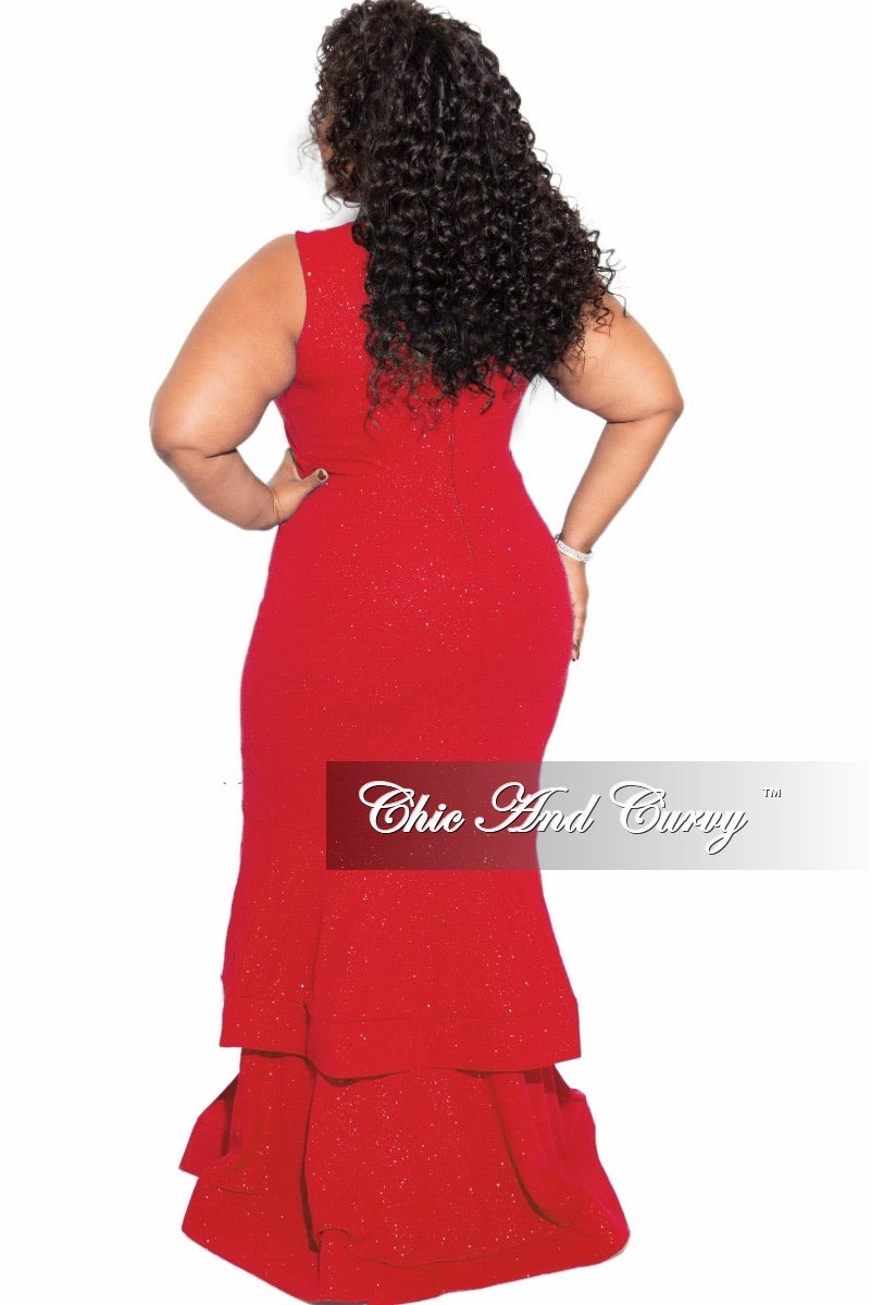 Anti Odor Finish Final Sale Plus Size Ruffle Bottom Glitter Maxi Dress in Red