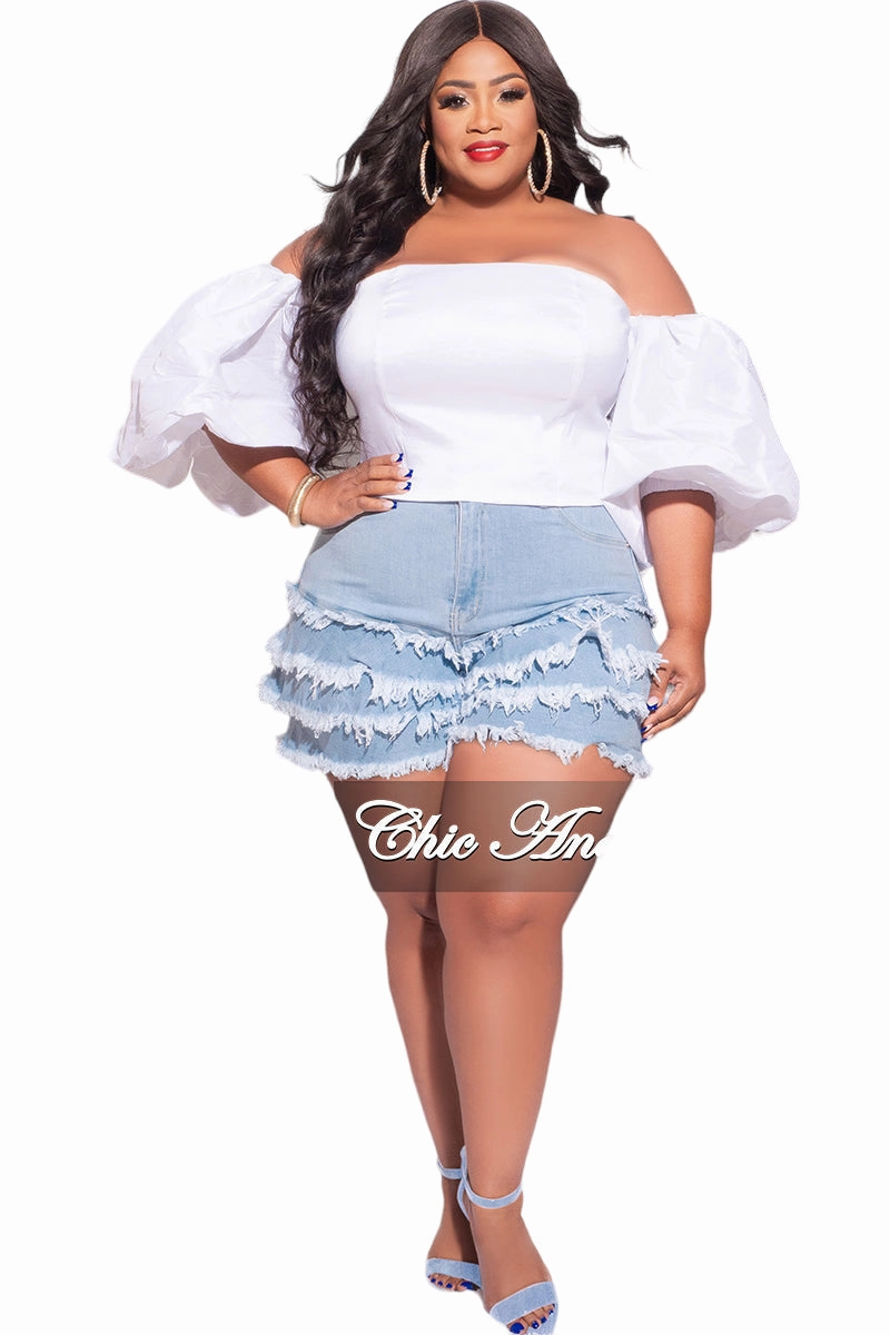 Smooth Texture Final Sale Plus Size Ruffle Layered Frayed Shorts in Light Denim